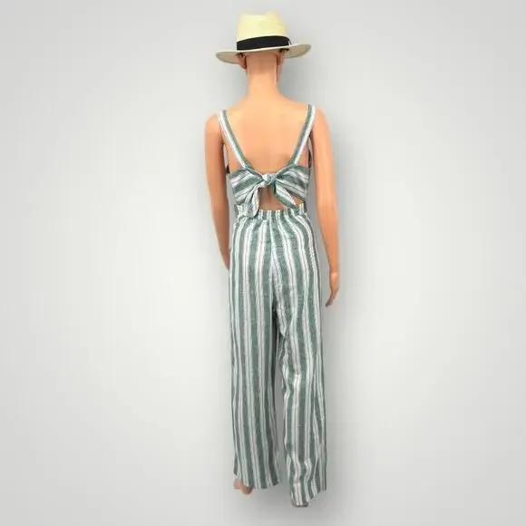Womens Linen Blend Jumpsuit M Kelly Green Striped Wide Leg Sleeveless Tie Back - Picture 5 of 11